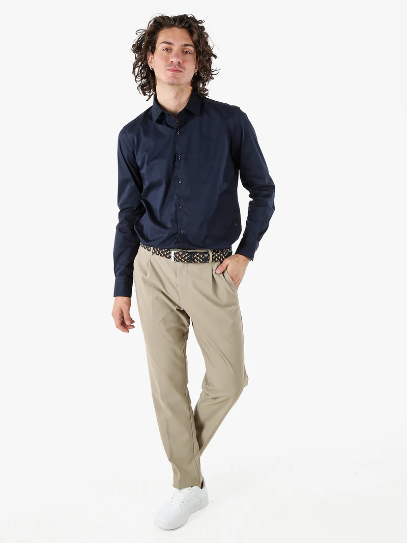 Camicia da uomo slim fit in cotone a maniche lunghe - blu scuro