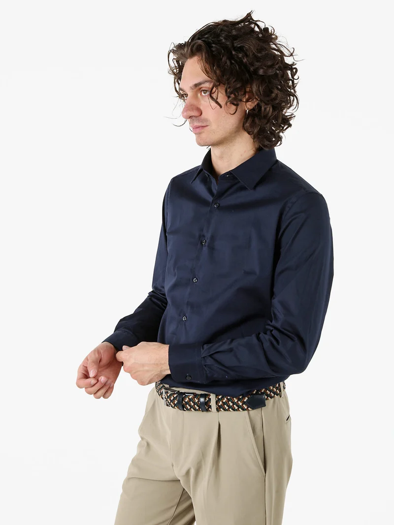 Camicia da uomo slim fit in cotone a maniche lunghe - blu scuro
