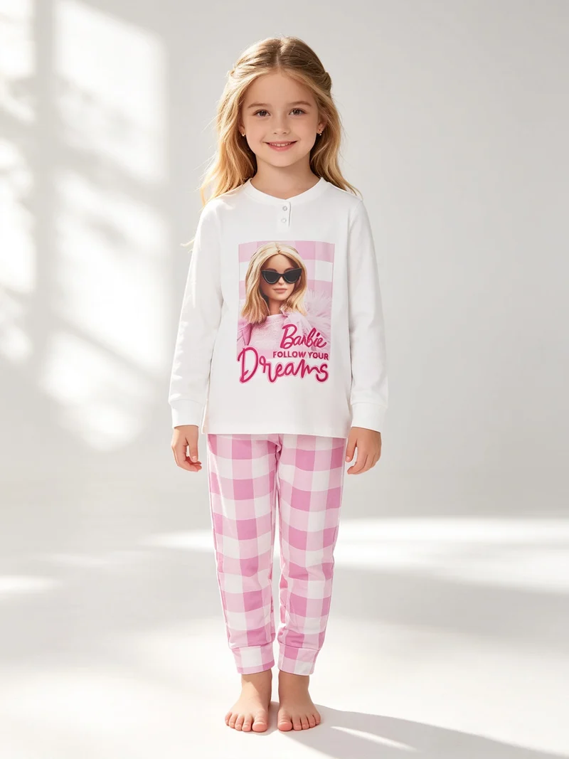 Pigiama lungo da bambina in cotone interlock - bianco