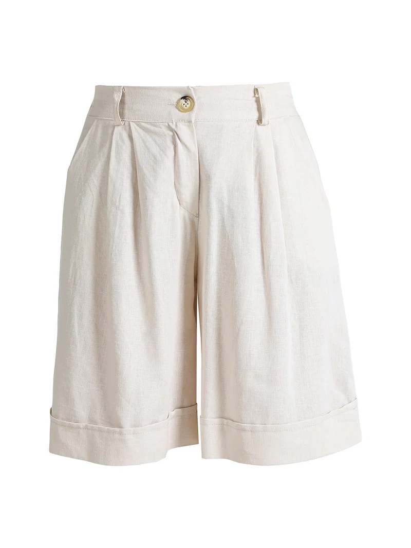 Bermuda donna in misto lino con risvolto - beige
