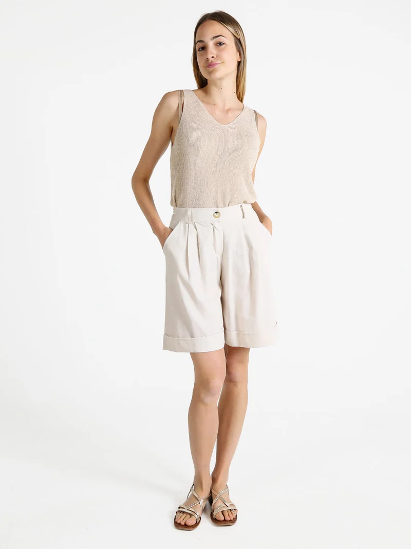 Bermuda donna in misto lino con risvolto - beige
