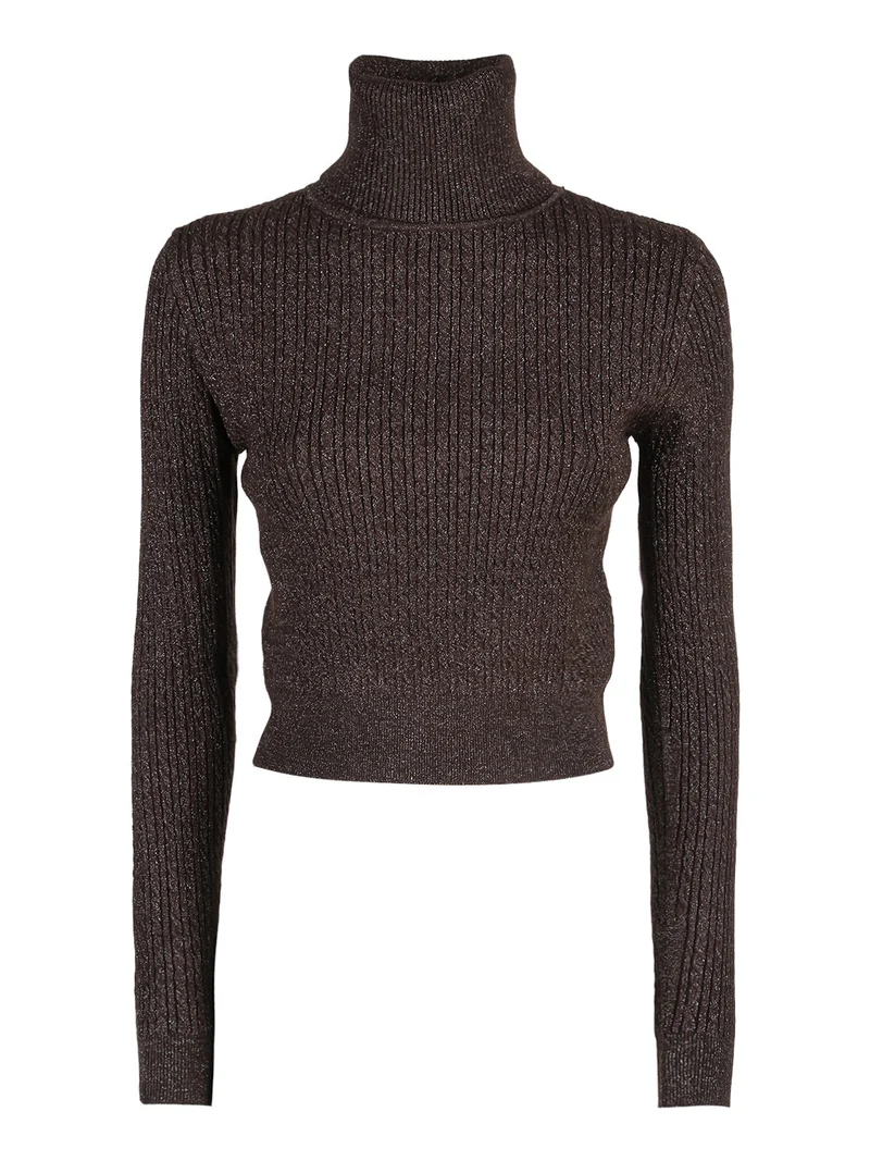 Maglia dolcevita donna a trecce con lurex - moro