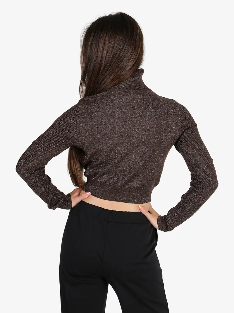 Maglia dolcevita donna a trecce con lurex - moro