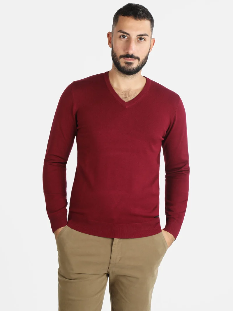 Pullover uomo in maglia scollo a V - bordeaux
