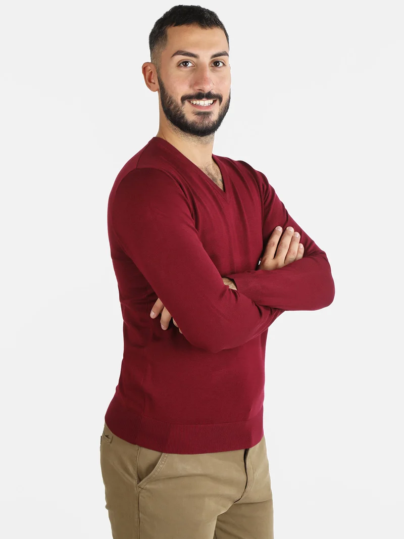 Pullover uomo in maglia scollo a V - bordeaux