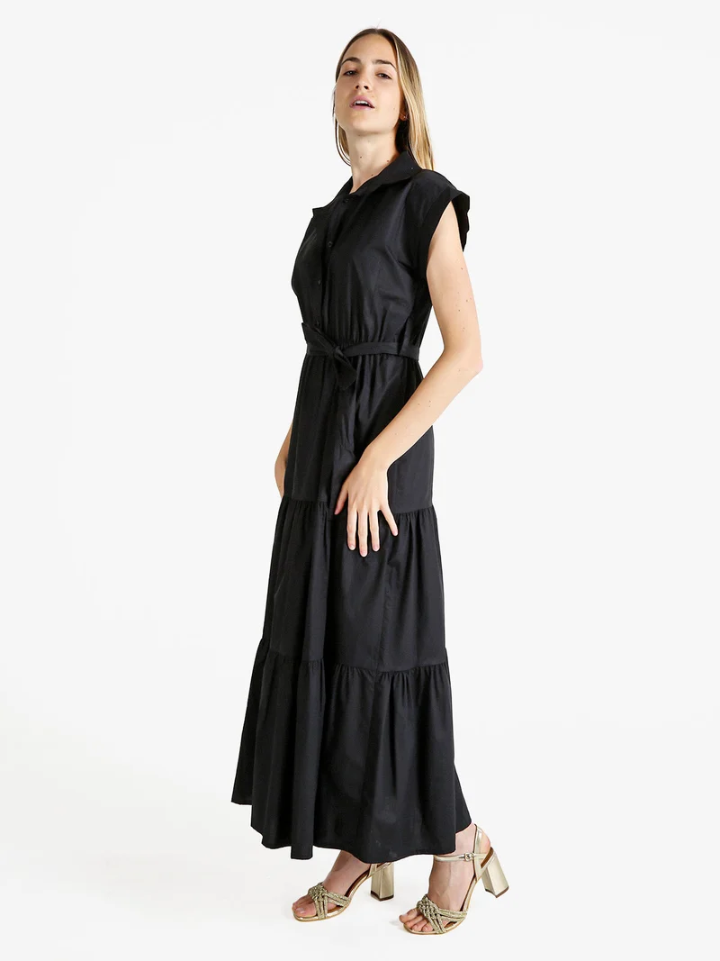 Abito lungo da donna in cotone a maniche corte - nero
