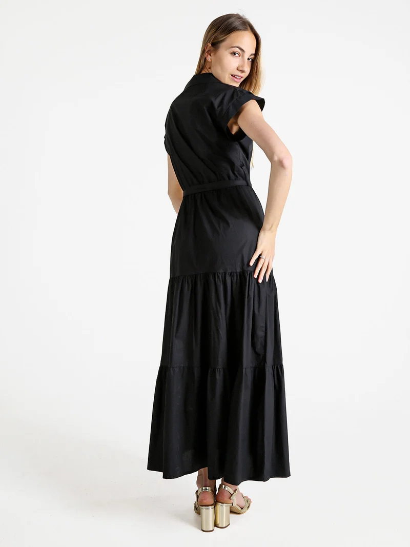 Abito lungo da donna in cotone a maniche corte - nero
