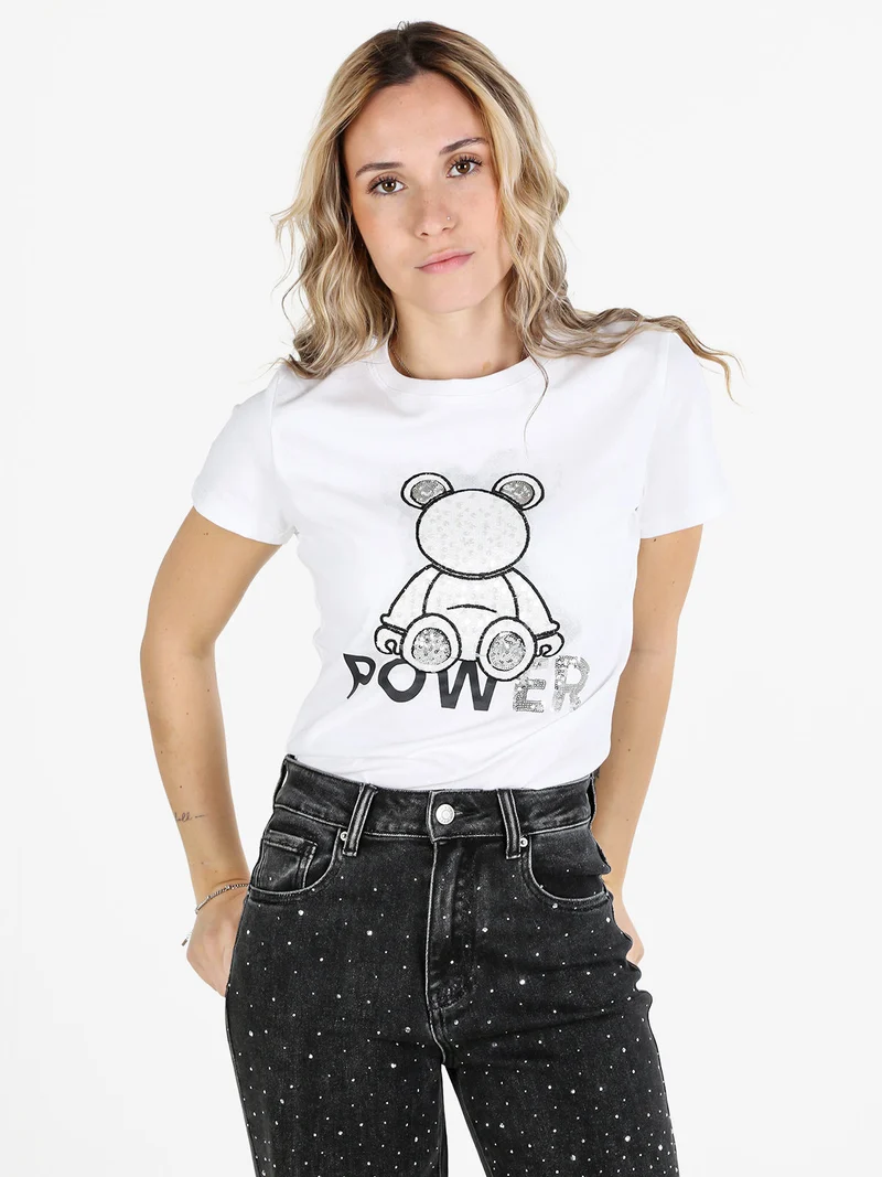 T-shirt donna in cotone con paillettes - bianco