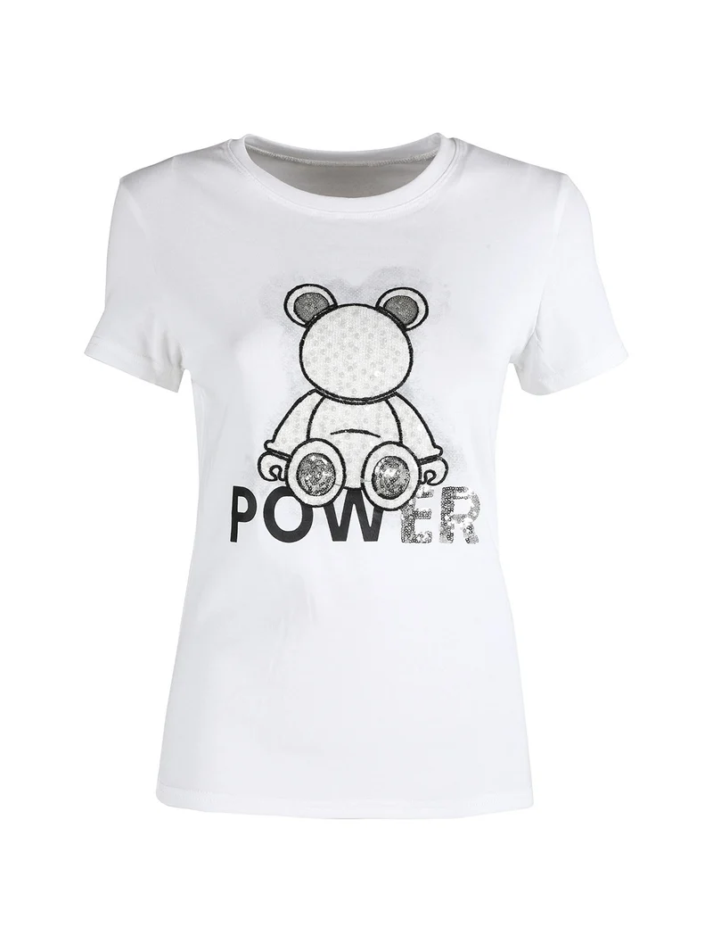 T-shirt donna in cotone con paillettes - bianco