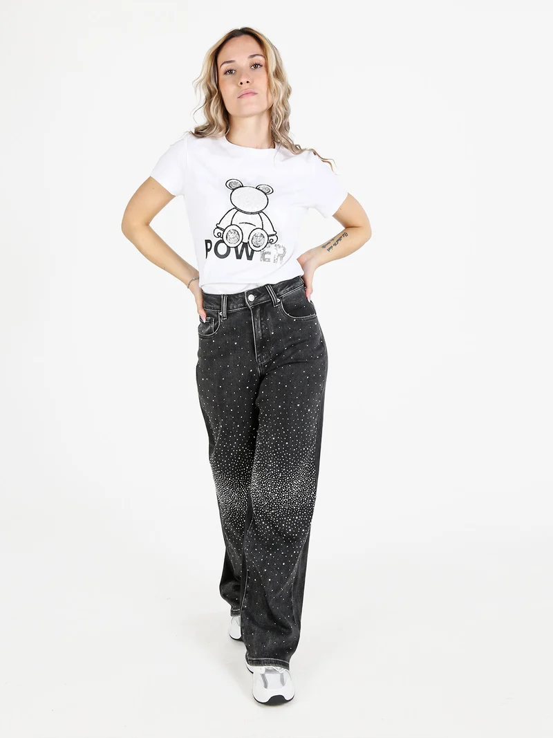 T-shirt donna in cotone con paillettes - bianco