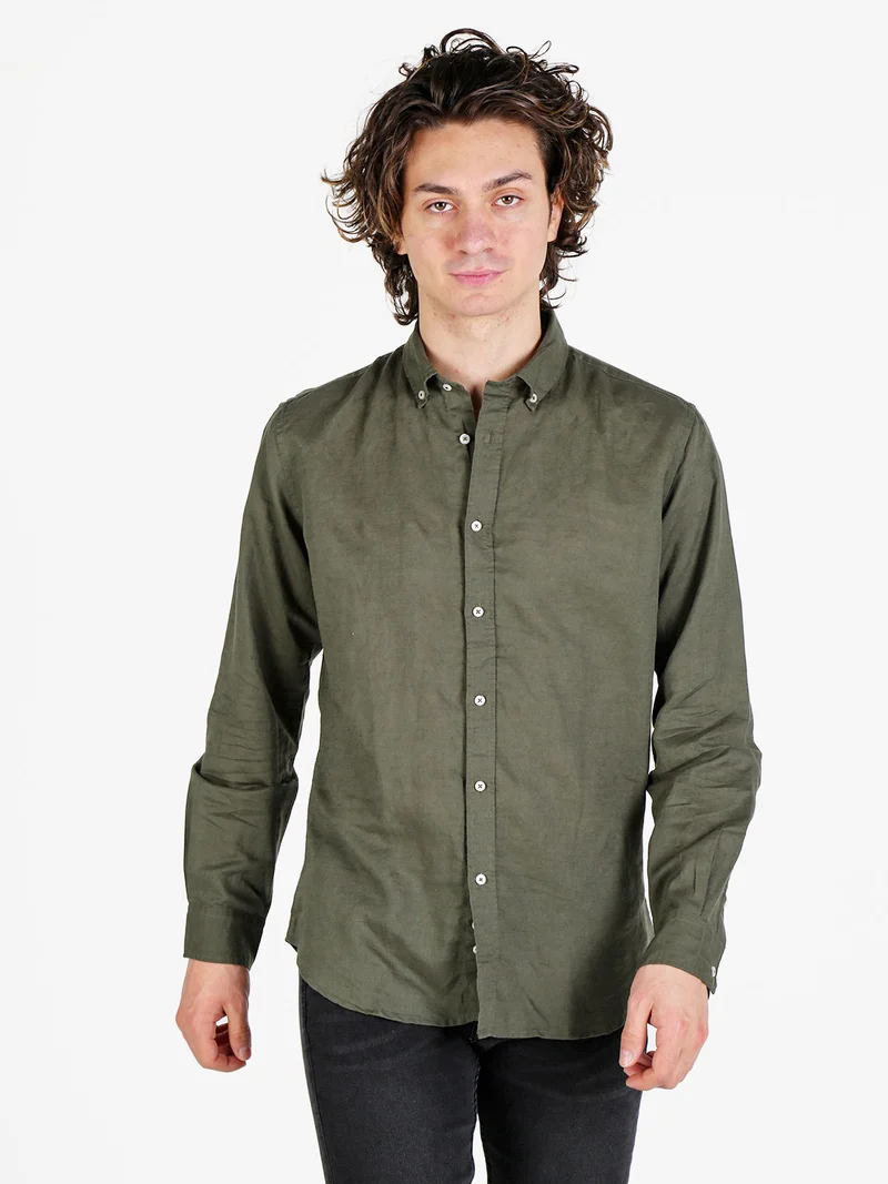 Camicia da uomo in misto lino a maniche lunghe - militare