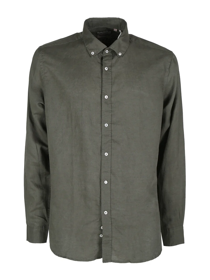 Camicia da uomo in misto lino a maniche lunghe - militare
