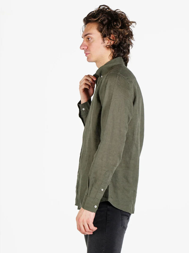 Camicia da uomo in misto lino a maniche lunghe - militare