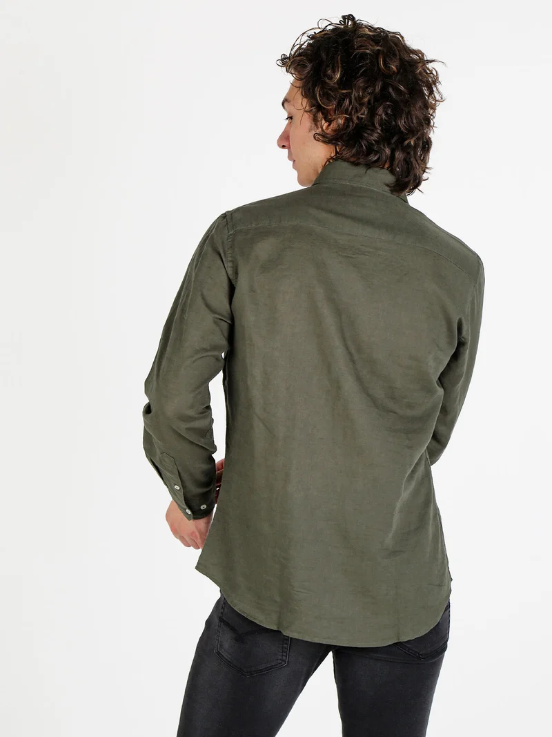 Camicia da uomo in misto lino a maniche lunghe - militare