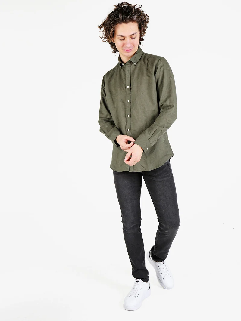 Camicia da uomo in misto lino a maniche lunghe - militare