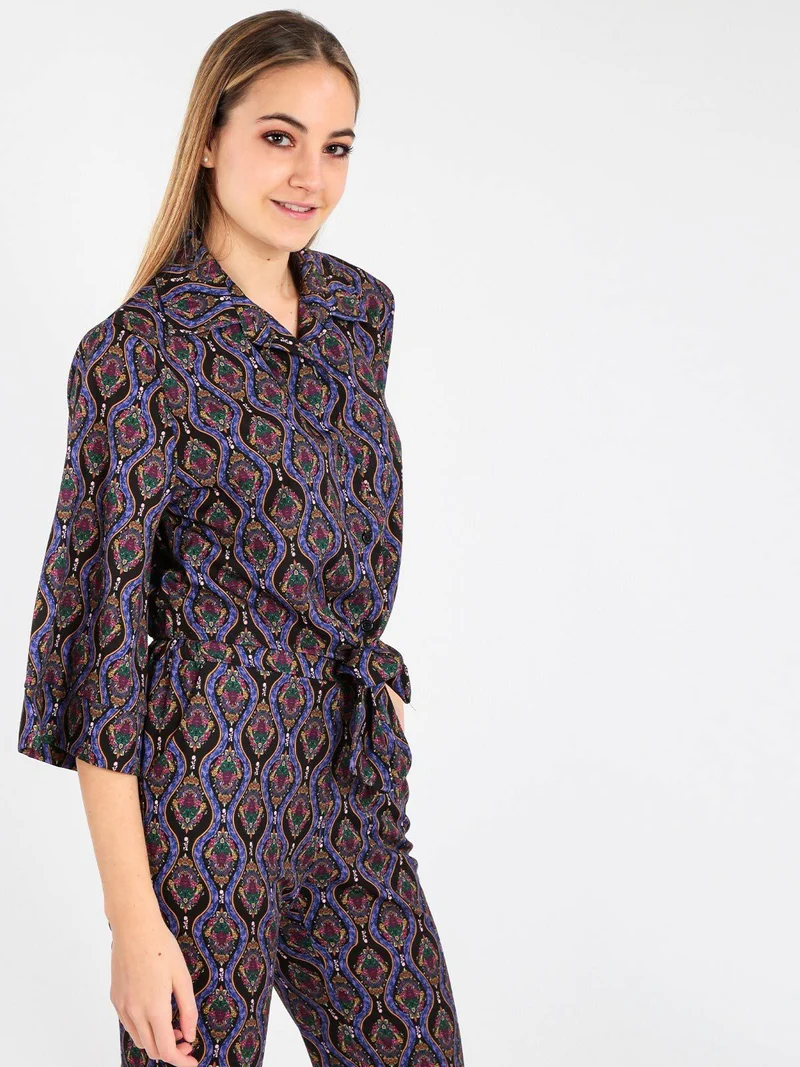 Camicetta donna cropped annodata con manica ampia a 3/4 - nero