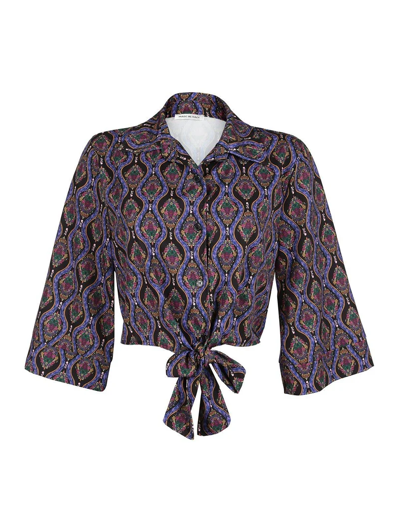 Camicetta donna cropped annodata con manica ampia a 3/4 - nero