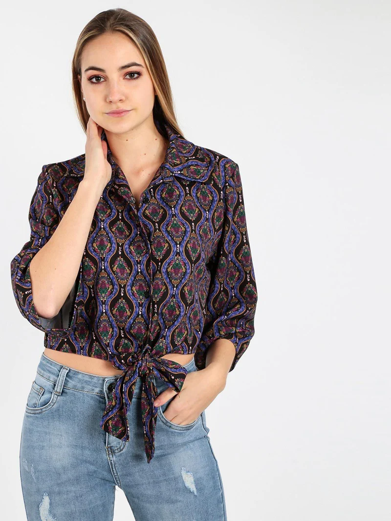Camicetta donna cropped annodata con manica ampia a 3/4 - nero
