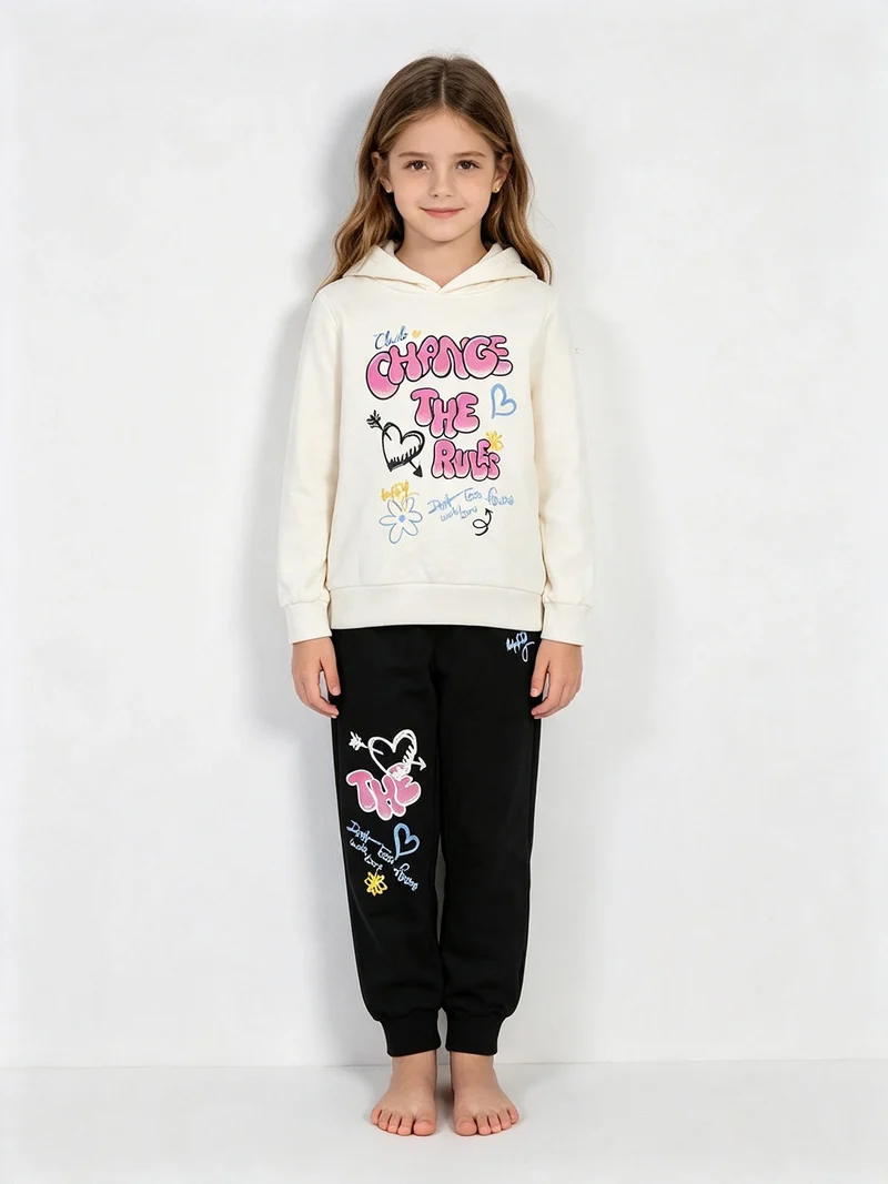 Completo tuta 2 pezzi da bambina con cappuccio e stampe - panna
