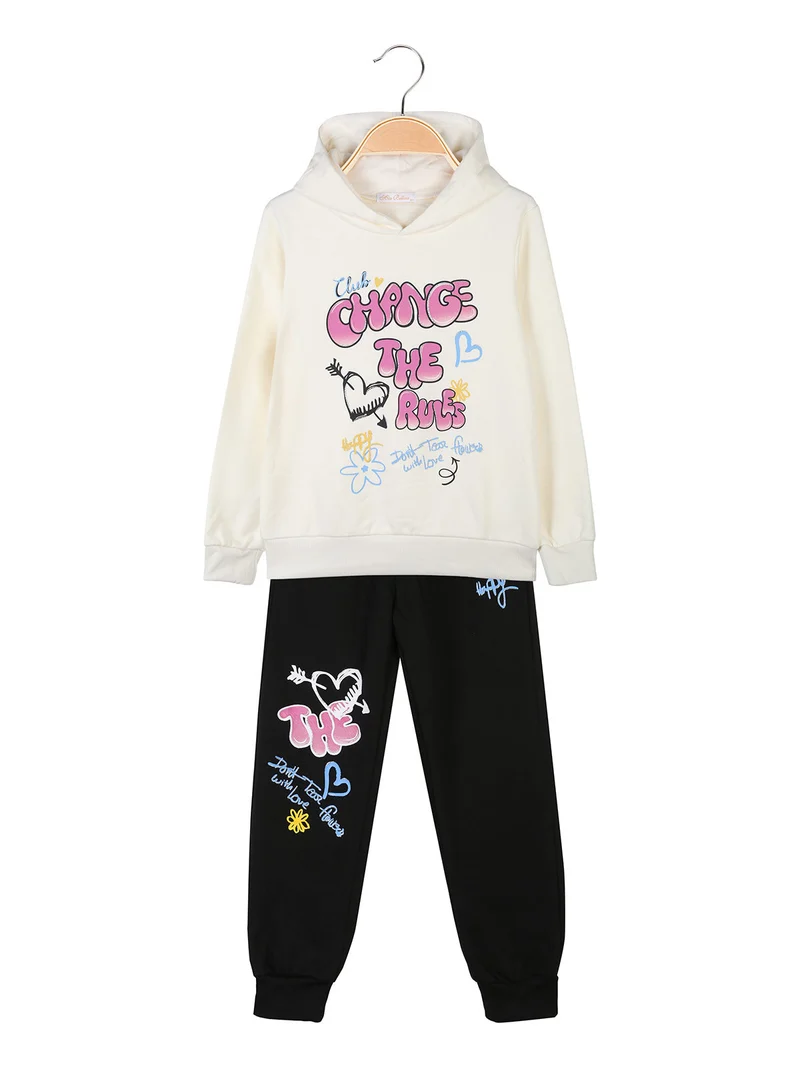 Completo tuta 2 pezzi da bambina con cappuccio e stampe - panna