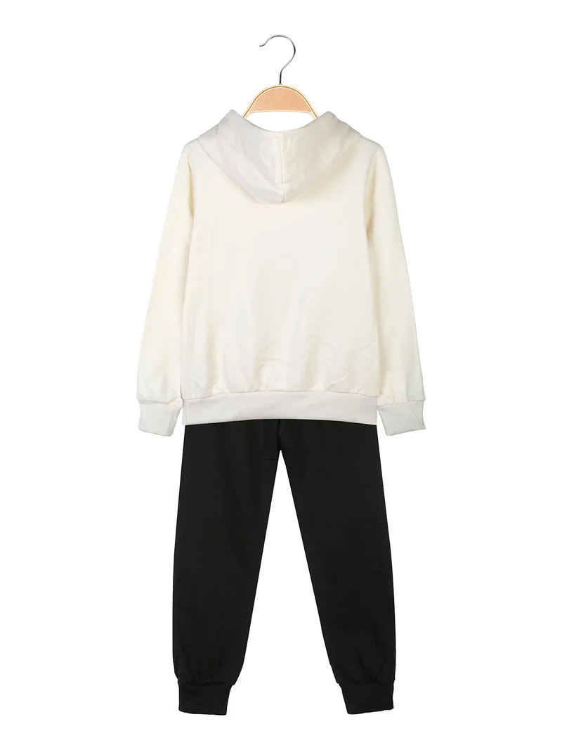 Completo tuta 2 pezzi da bambina con cappuccio e stampe - panna