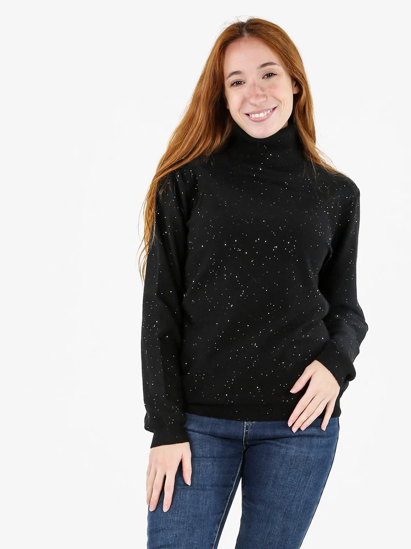 Pullover dolcevita donna con paillettes - nero