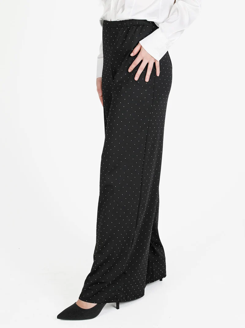 Pantaloni donna a gamba larga con borchie lucciccanti - nero