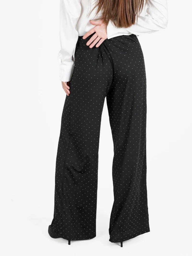 Pantaloni donna a gamba larga con borchie lucciccanti - nero