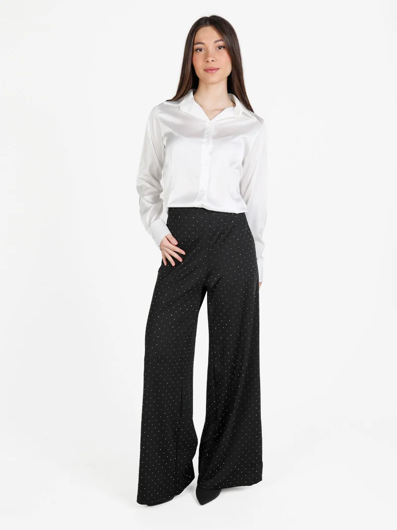 Pantaloni donna a gamba larga con borchie lucciccanti - nero