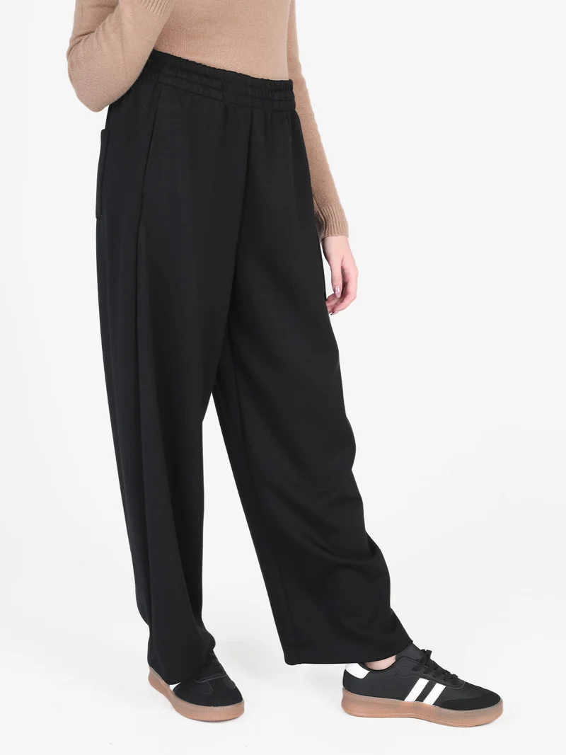 Pantaloni donna in panno a gamba larga - nero