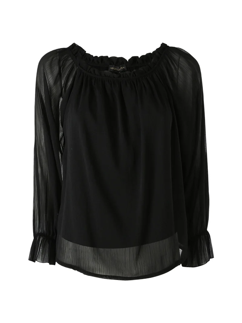 Blusa da donna a maniche lunghe velate con scollo a barchetta - nero
