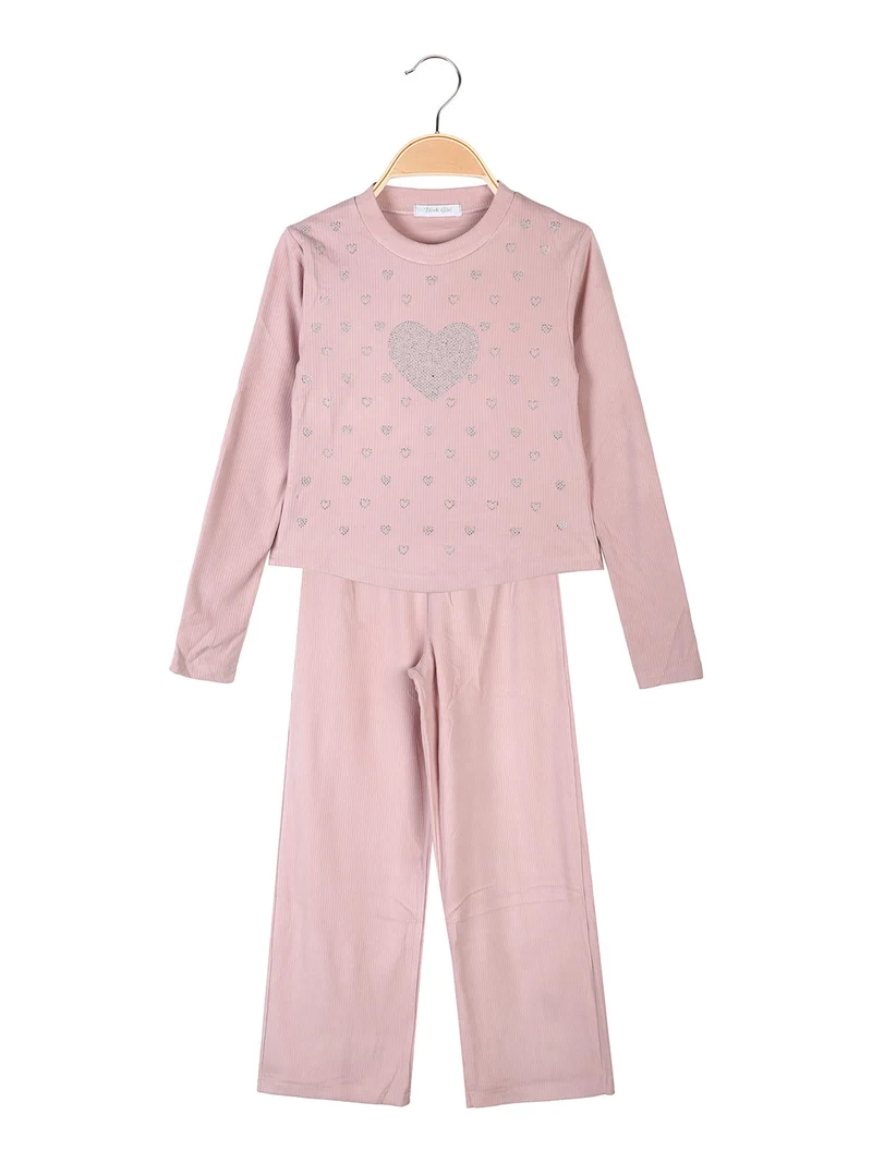 Completo 2 pezzi da bambina a coste con cuori di strass - rosa