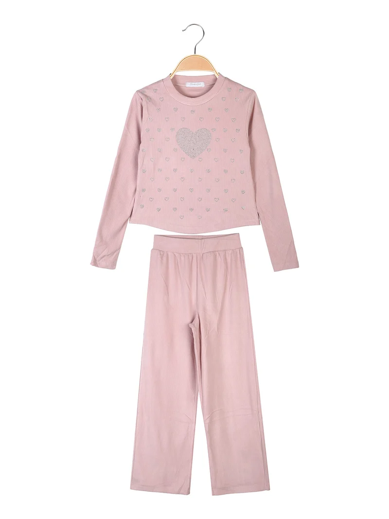 Completo 2 pezzi da bambina a coste con cuori di strass - rosa