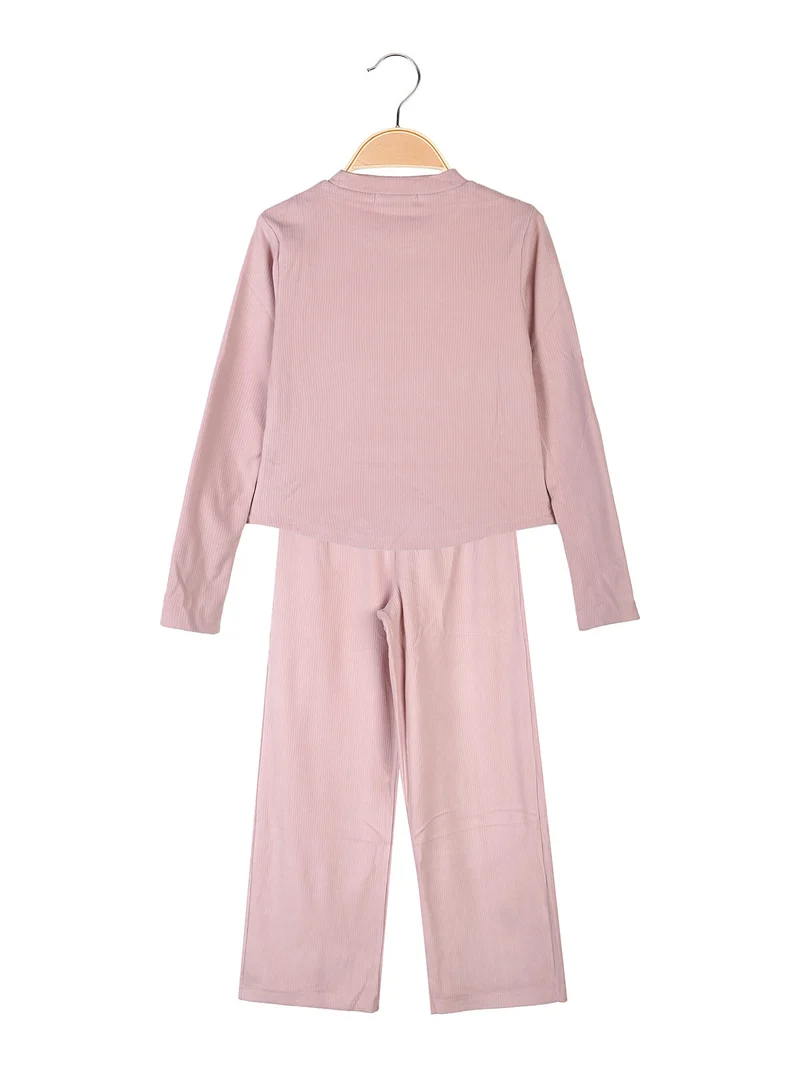 Completo 2 pezzi da bambina a coste con cuori di strass - rosa