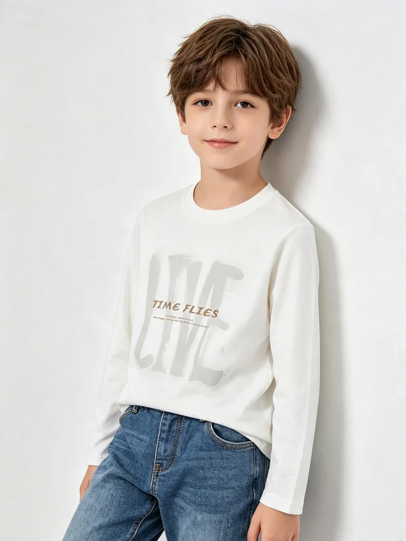 T-shirt da bambino in cotone a maniche lunghe - bianco