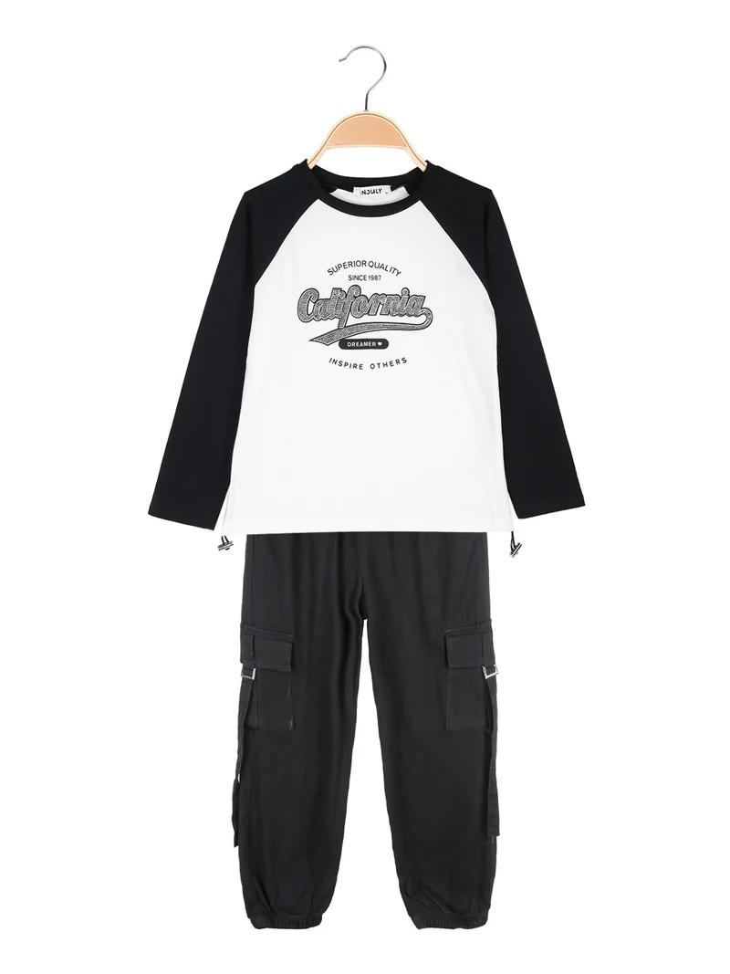 Completo 2 pezzi da ragazza maglietta + pantaloni con tasconi - nero