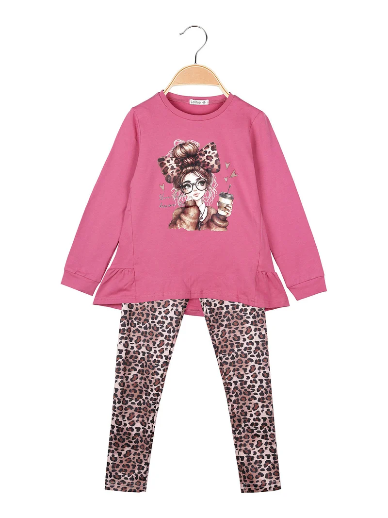 Completo 2 pezzi da bambina con maglietta e leggings maculati - fucsia