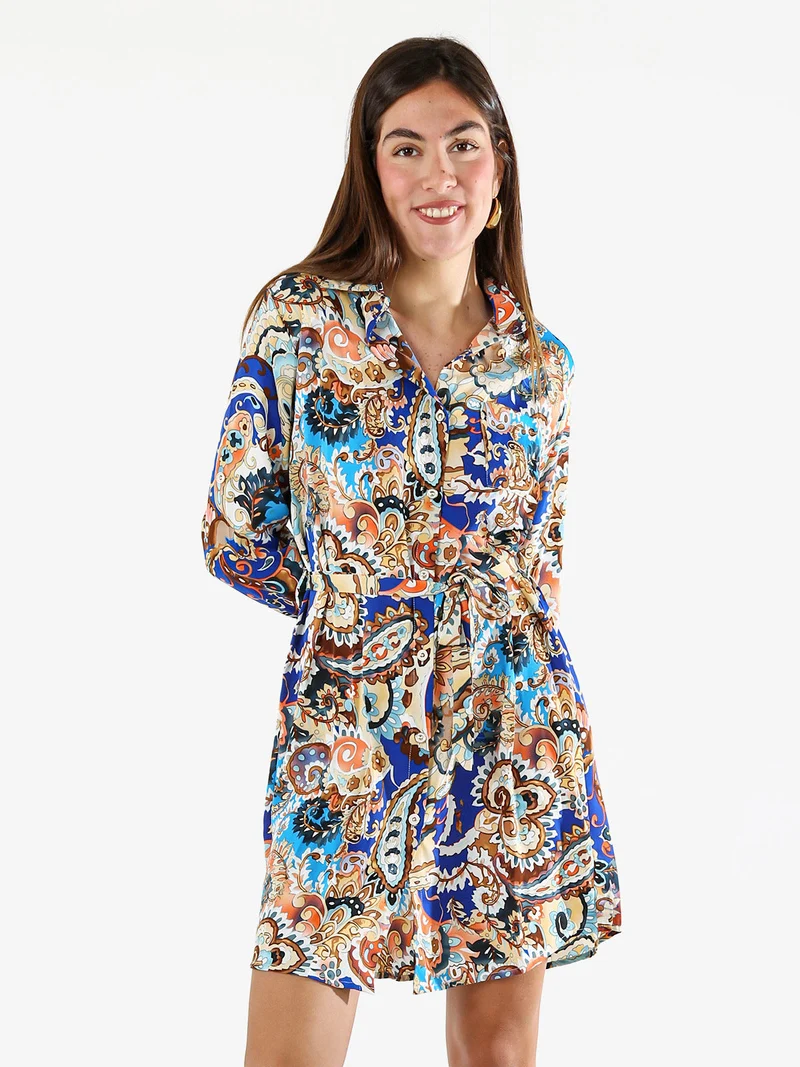 Vestito donna a camicia con stampe a maniche lunghe e taschino - blu