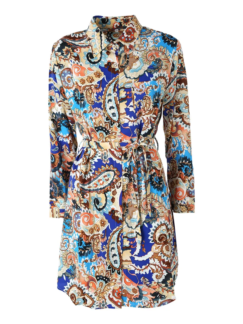 Vestito donna a camicia con stampe a maniche lunghe e taschino - blu