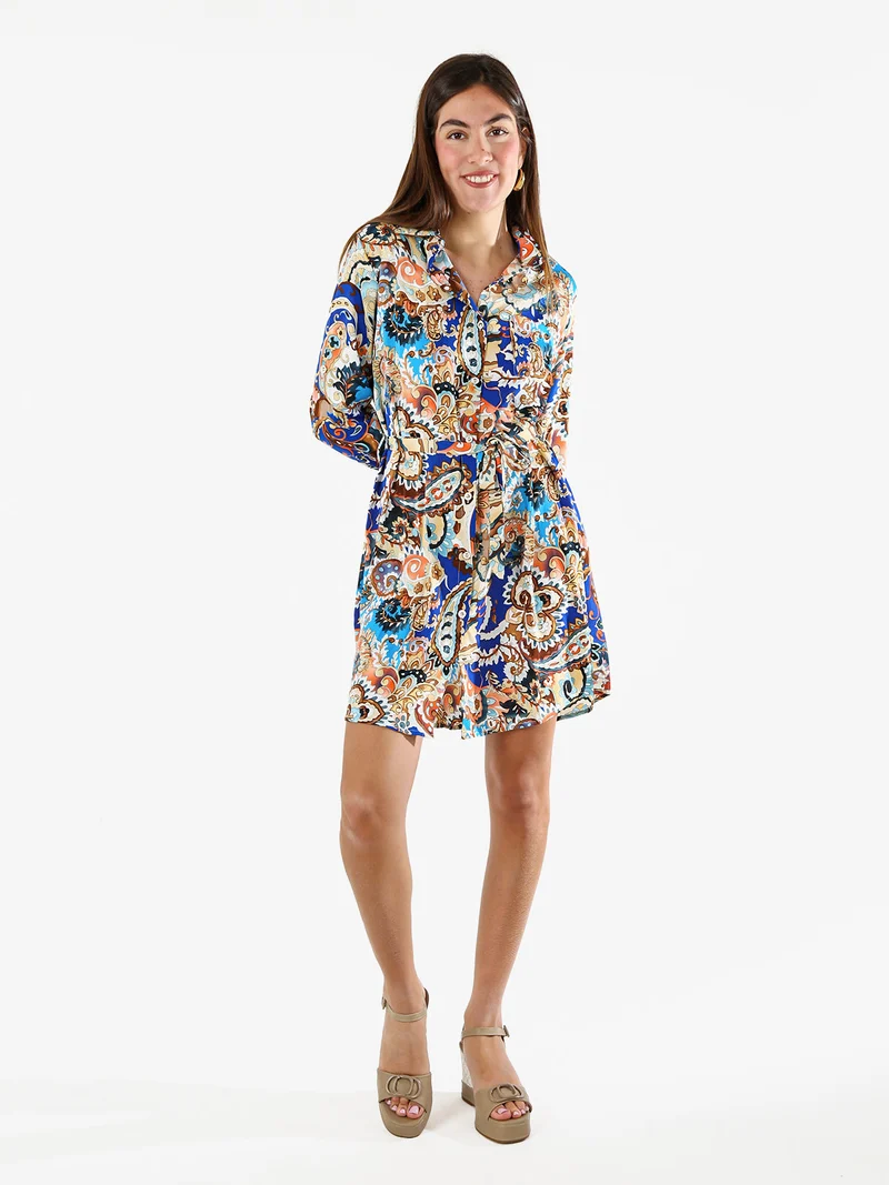 Vestito donna a camicia con stampe a maniche lunghe e taschino - blu