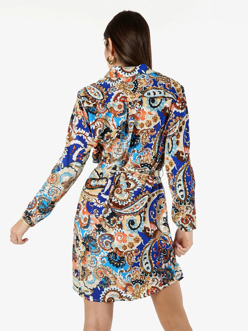 Vestito donna a camicia con stampe a maniche lunghe e taschino - blu