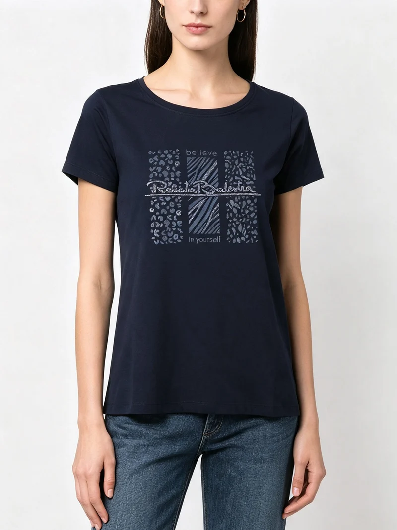 T-shirt girocollo da donna in cotone con stampa e brillantini - blu scuro