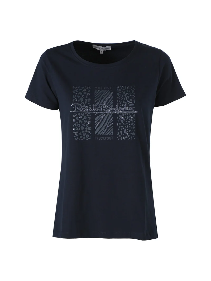 T-shirt girocollo da donna in cotone con stampa e brillantini - blu scuro