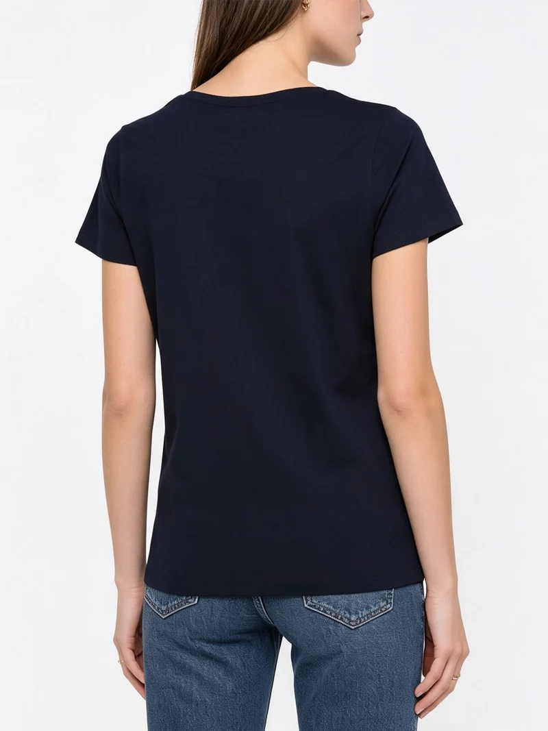 T-shirt girocollo da donna in cotone con stampa e brillantini - blu scuro