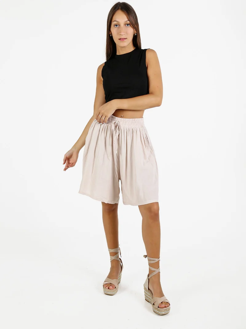 Shorts donna in cotone a gamba larga - beige