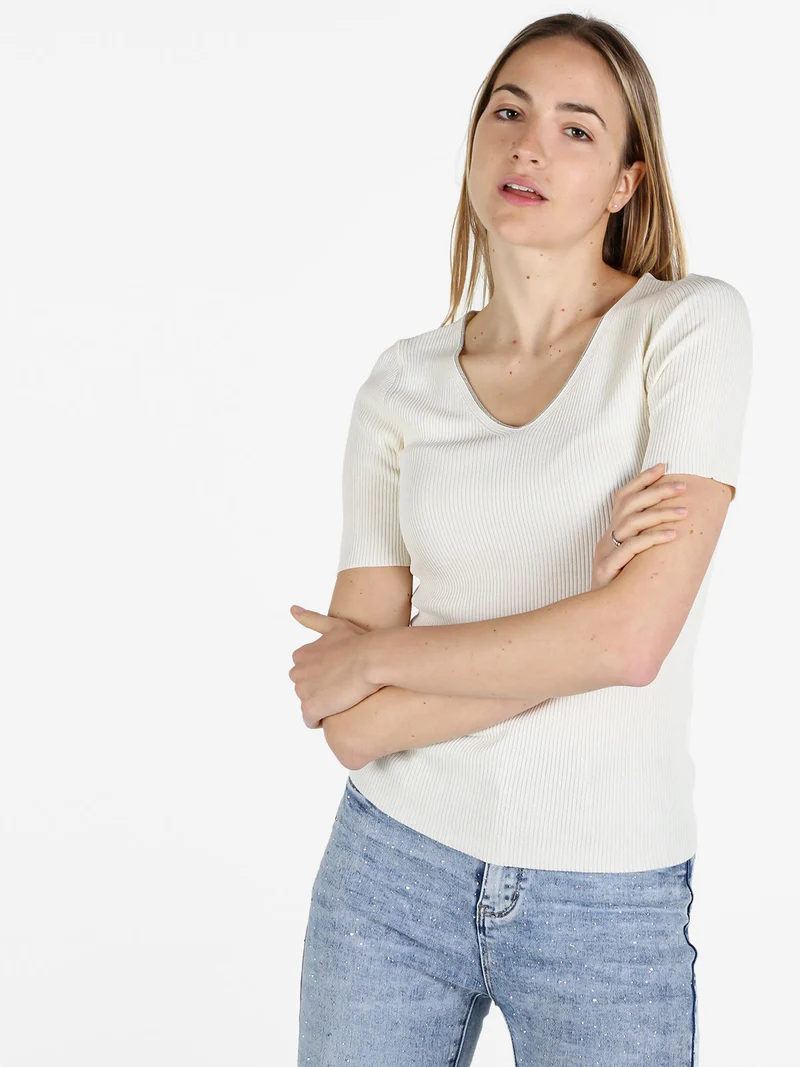 T-shirt donna a costine con scollo in lurex - panna