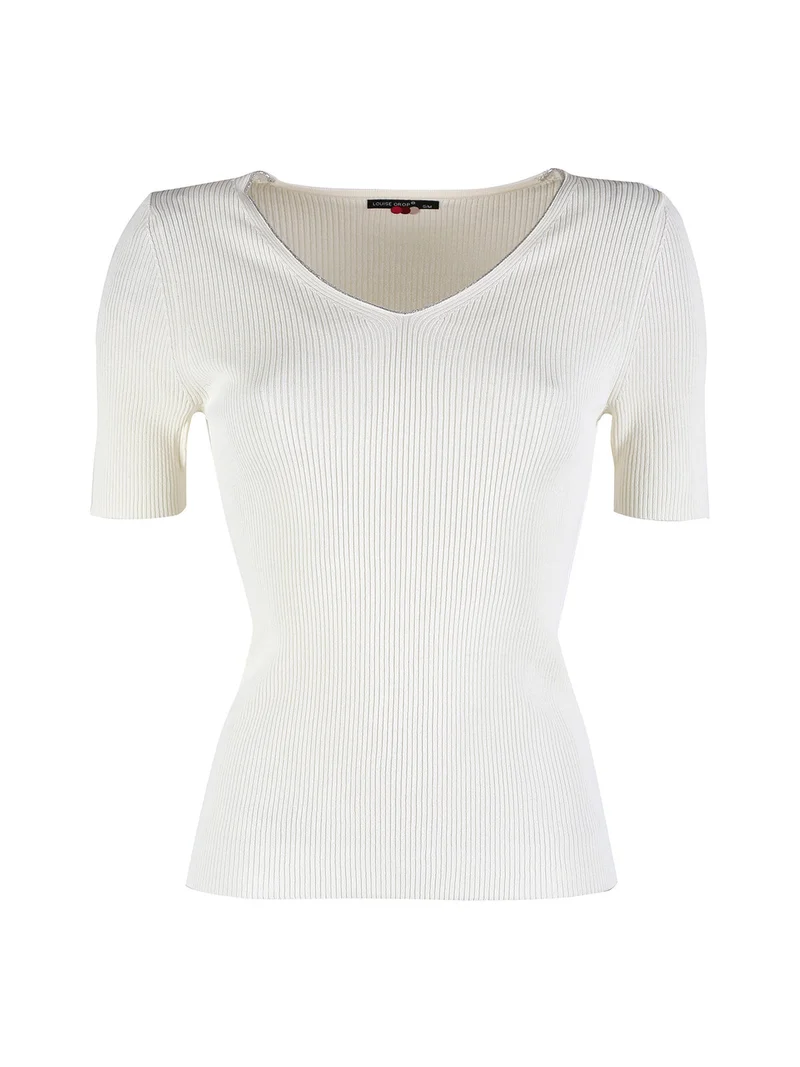 T-shirt donna a costine con scollo in lurex - panna