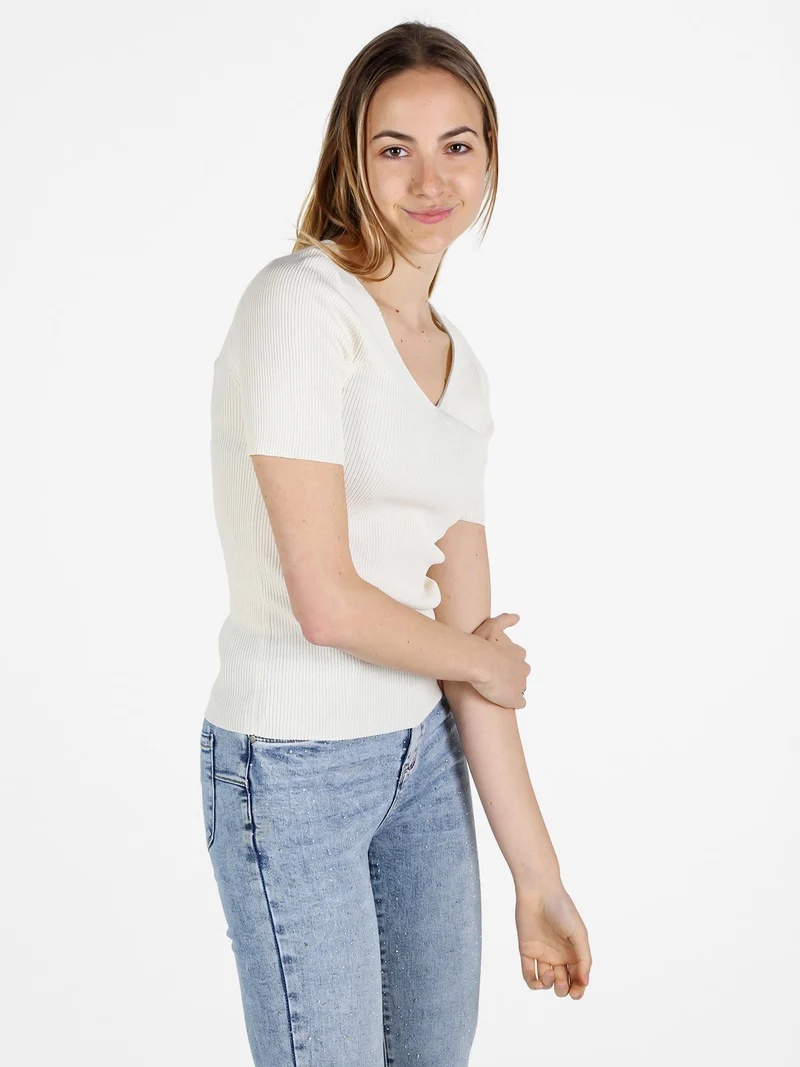 T-shirt donna a costine con scollo in lurex - panna