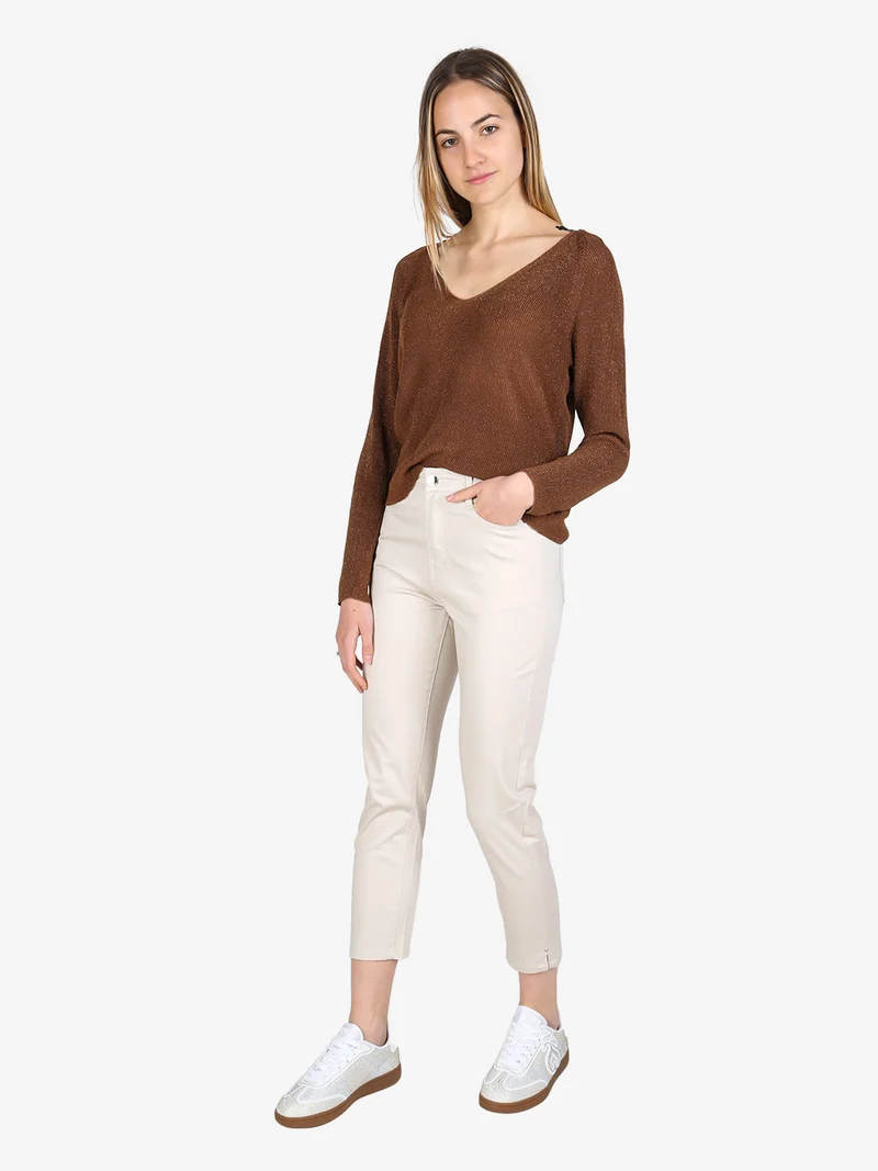 Pantaloni capri donna in cotone con piccolo spacco e strass sul finale - beige