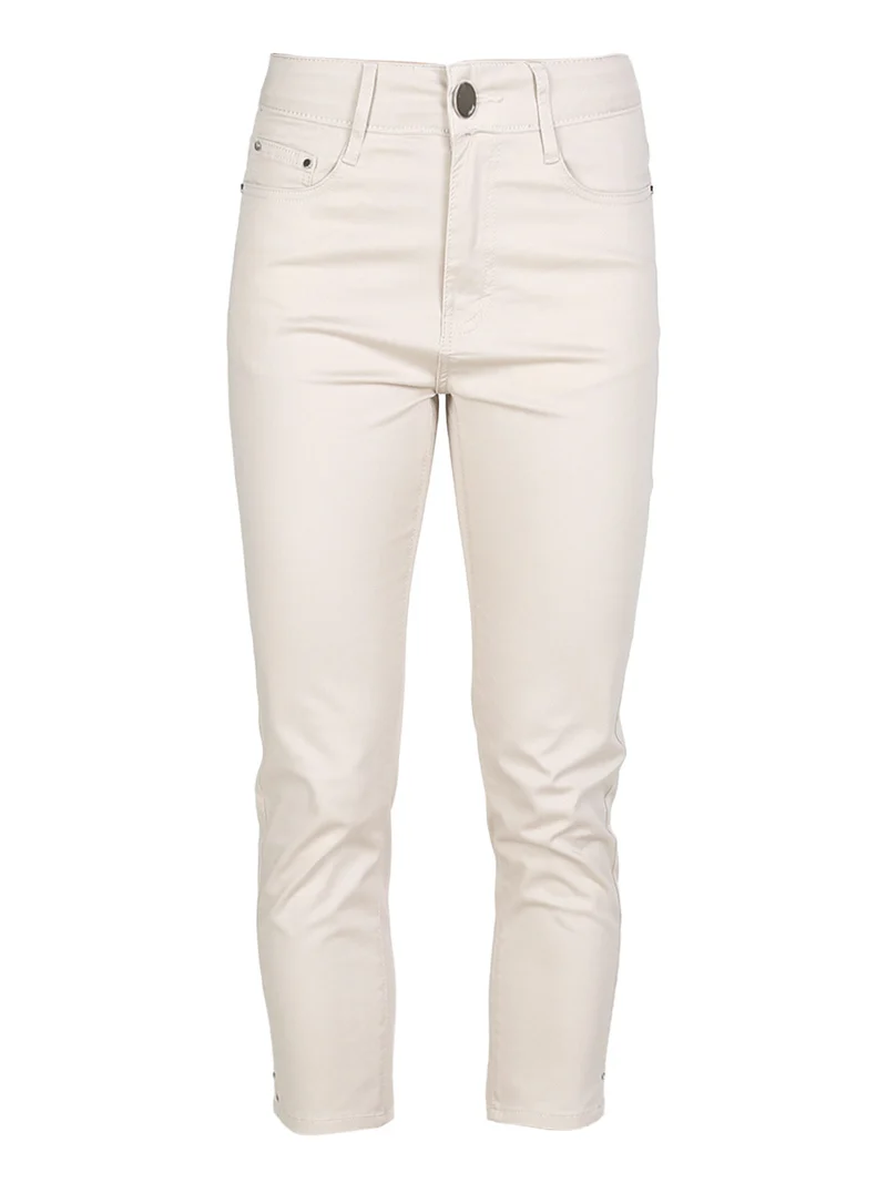 Pantaloni capri donna in cotone con piccolo spacco e strass sul finale - beige